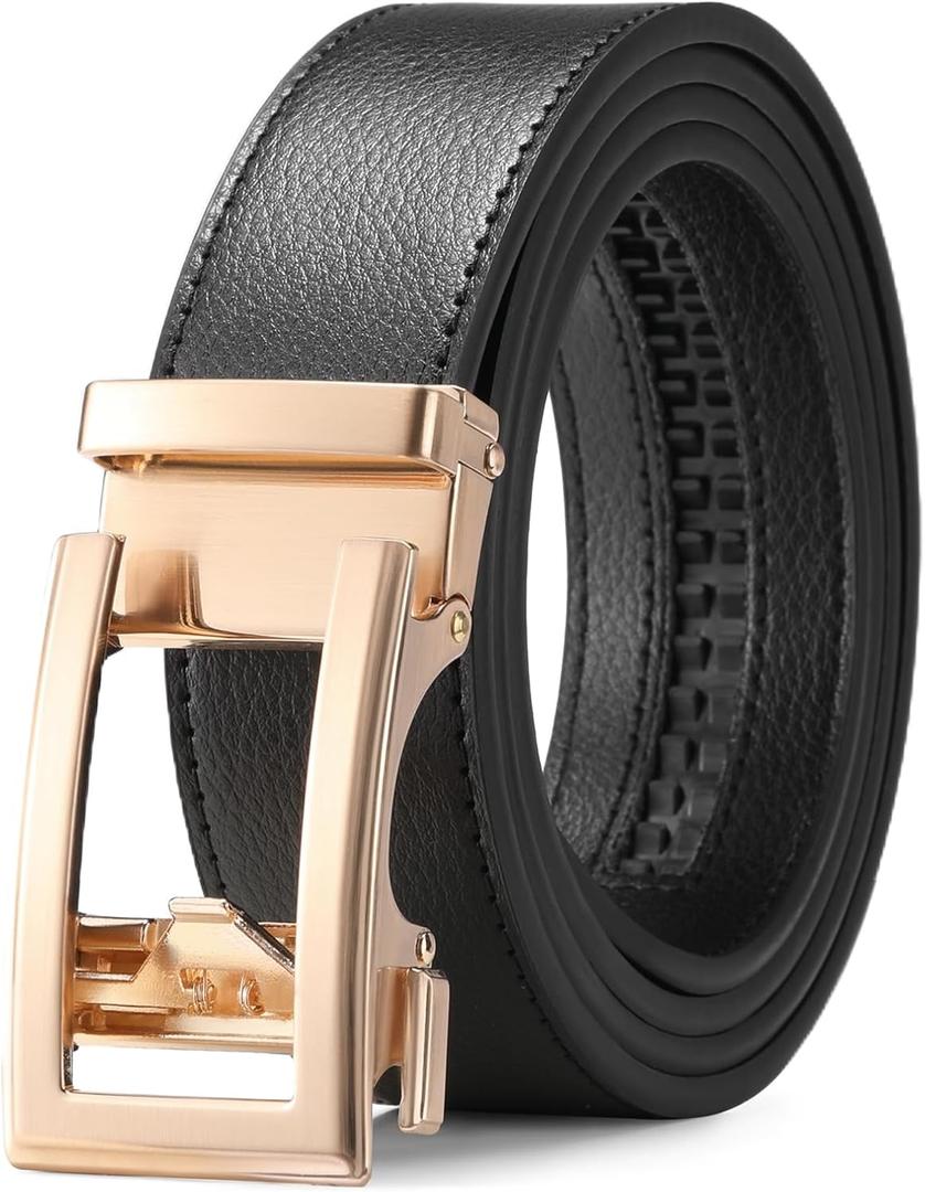 SENDEFN Men's Leather Casual Belt 1 3/8" Automatic Ratchet Belts Adjustable Click Buckle Belts with Gift Box for Dress (Gold)