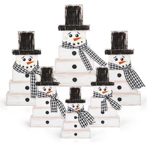 6Pcs Retro Winter Snowman Wooden Decoration Christmas Black White Table Centerpiece with Plaid Ribbon Xmas Rustic Farmhouse Tired Tray Blocks for Home Mantel Fireplace Tabletop