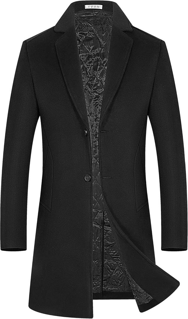 BOJIN Mens Trench Coat Wool Blend Top Pea Coat Winter Long Single Breasted Classic Stylish Business Overcoat (2XL, Black)