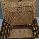 Set of 4 Wicker Storage Baskets with Lid, Handwoven Decorative Storage Boxes Multifunctional 4 Sizes Rattan Baskets Organizer for Home Office Shelves Clothes Toys Books (Brown)