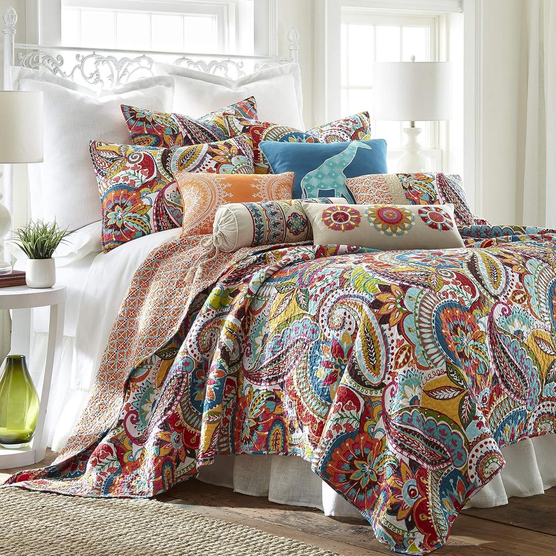 Levtex Home Rhapsody Quilt Set - Twin Quilt + One Standard Pillow Sham - Paisley in Yellow Orange Red Green Blues - Quilt Size (68 x 86in.) and Pillow Sham Size (26 x 20in.)- Reversible Pattern-Cotton