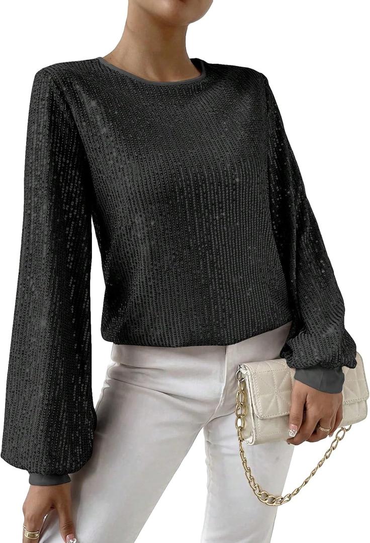SweatyRocks Women's Sequin Long Sleeve Blouse Casual Round Neck Pullover Shirt Tops (Black) S