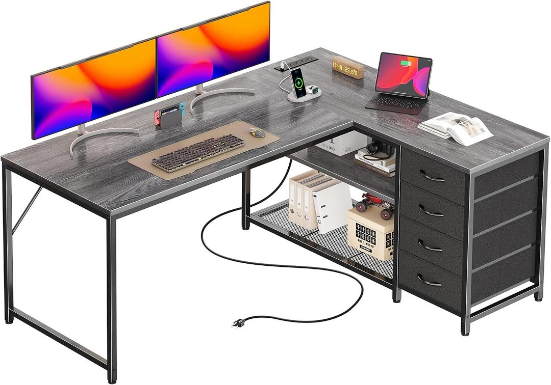 PRAISUN 53" L Shaped Desk with Power Outlets and USB-C Port, Reversible Computer Corner Office Desk with 4 Fabric Drawers and 2 Height-Adjustable Shelves, Large for Gaming Writing Work Study, Grey