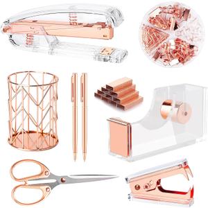 Famassi Rose Gold Desk AccessoriesOffice Supplies Set Acrylic Stapler Set Staple Remover, Tape Holder, 2 Ballpoint Pen, Scissor, Binder/Paper Clips and 1000pcs Staples.