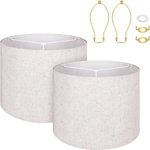 Large Brown Lamp Shades Set of 2, Natural Linen 16" Top X 16" Bottom X 12" Height Lampshade Fits for Home Bedroom Living Room Decor, Easy Assembly Required Lamp Shade Holder Included Spider Fitter