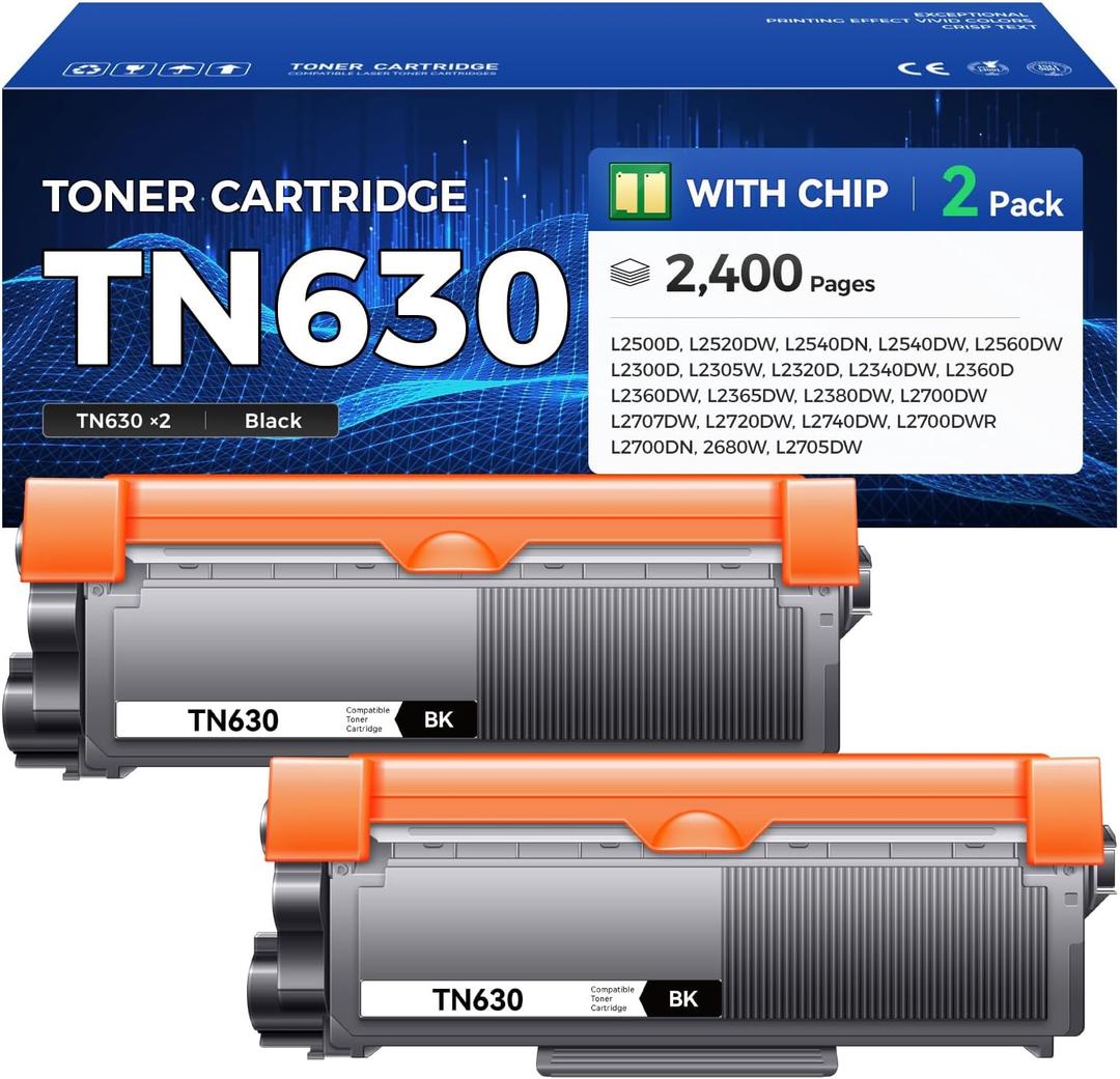 TN630 Toner Cartridge Black 2-Pack Printer Replacement Compatible for Brother TN-630 TN660 TN-660 HL-L2380DW HL-L2320D HL-L2340DW DCP-L2540DW MFC-L2700DW MFC-L2720DW HL-L2300D HL-L2360DW MFC-L2740DW