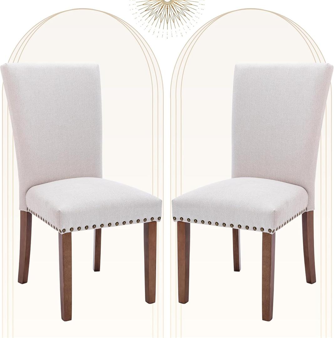 COLAMY Upholstered Dining Chairs Set of 2, Parsons Style Side Chairs with Nailhead Trim and Solid Wood Legs, Comfortable Linen Fabric for Kitchen & Dining Room – Beige