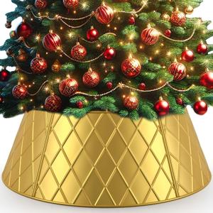 28 Inch Christmas Tree Collar, Irrantan Metal Christmas Tree Collar Decoration for Real or Artificial Trees - Golden