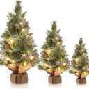 Skylety 3 Pcs Mini Christmas Tree Small Prelit Artificial Tree for Desktop Glittery Pine Miniature Christmas Trees with Light for Xmas Home Tabletop Decoration (Linen Base)