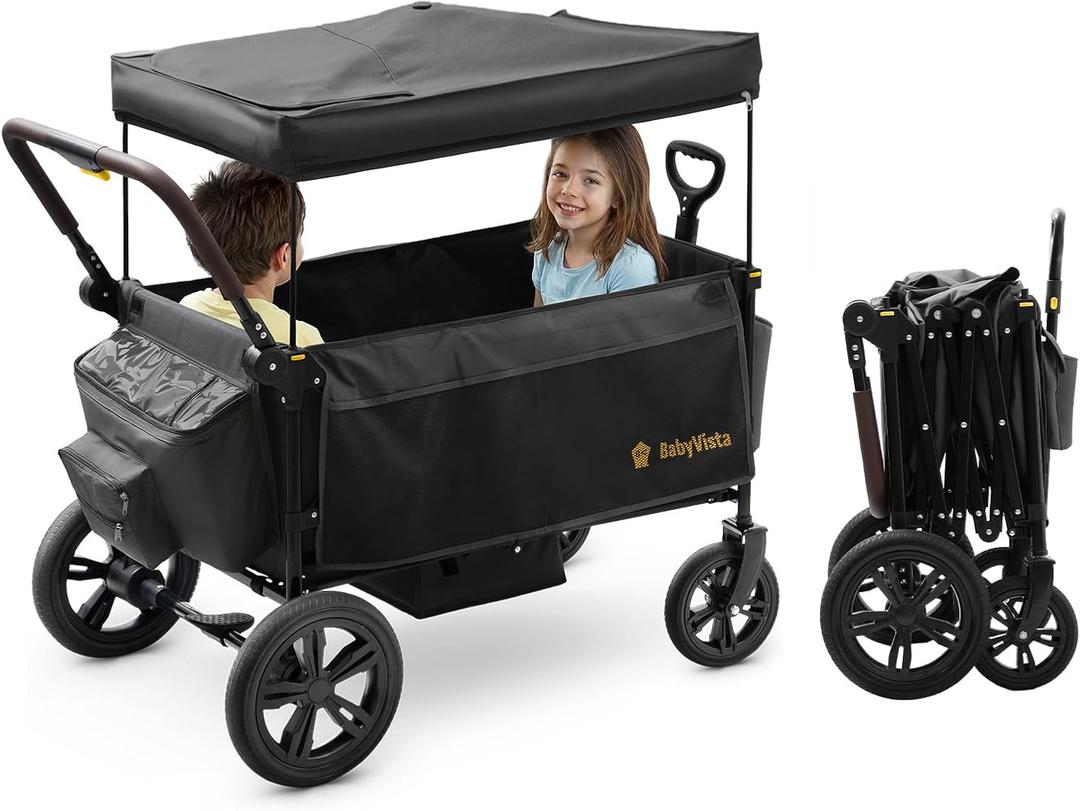 Stroller Wagon for Kids, One-Hand Adjustable Push/Pull Handle, Spacious Storage, 8"/12" All-Terrain Wheels, Canopy with Bug Net, Wagon Stroller for Daily Walks, Short Trips & Grocery Runs (Black)