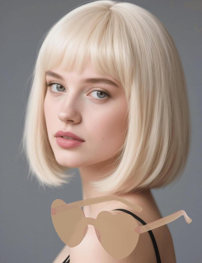 Blonde Bob Wig with Heart Sunglasses - Heat-Resistant, Synthetic Fiber, Adjustable and Natural Looking