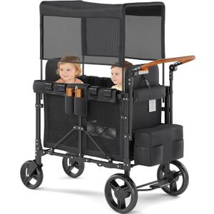 Wagon Stroller Outdoor for 2 Kids - Double Toddlers Stroller with Canopy & Removable Seat Pads, 2 Seater Push Pull Wagon One-Hand Fold, Shock-Absorbent Wheels & Safety Harness, Black