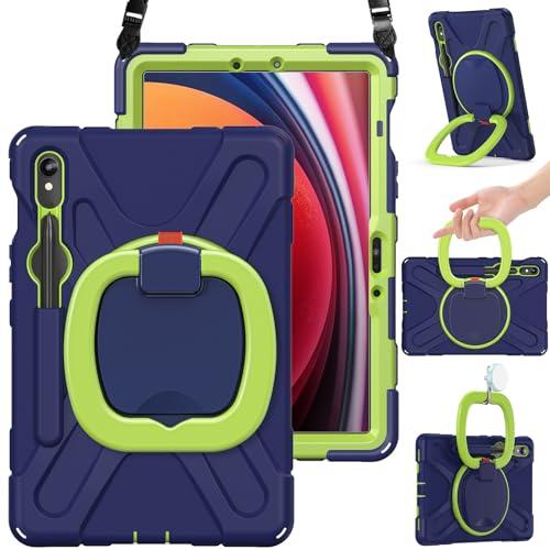 BRAECN Kids Case for Samsung Tab S10 FE/S9 FE 10.9 Inch/ S9 11 Inch 2025/2023 SM-X520/X510/X710, Heavy Duty Protective Silicone Cover w/S Pen Holder, 360°Swivel Kickstand, Shoulder Strap, Navy Green
