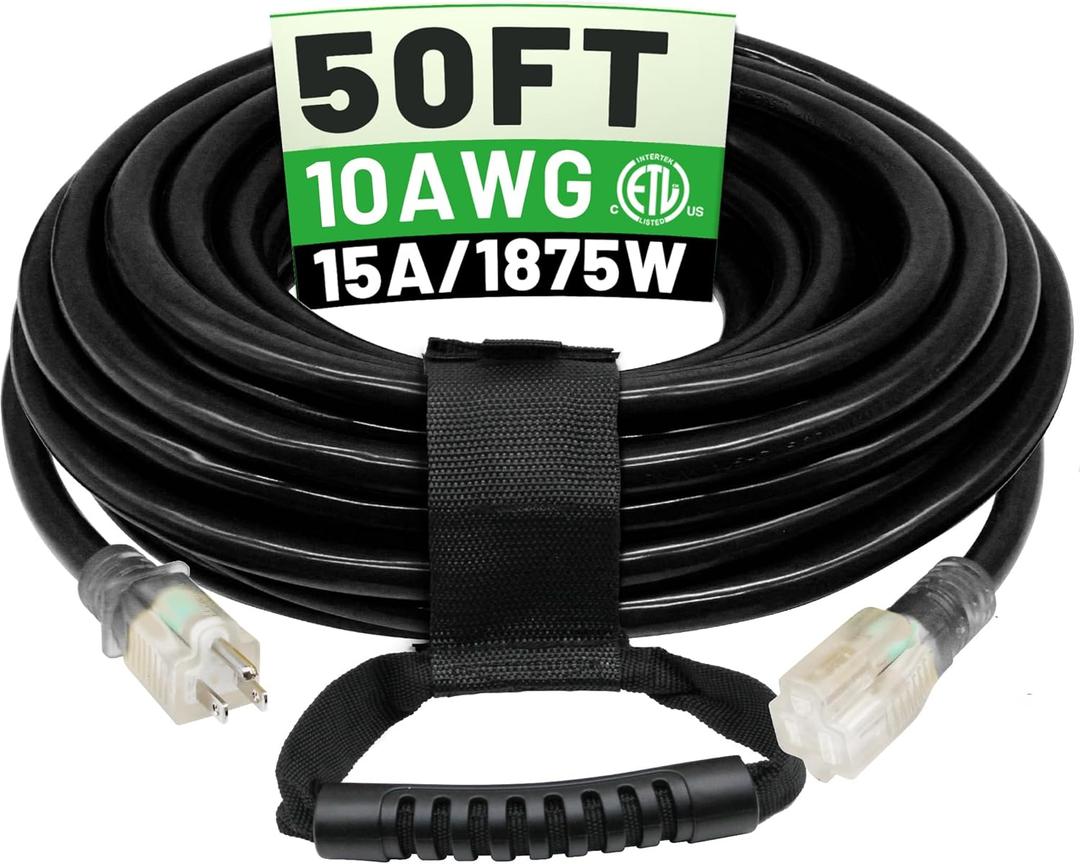 50 Ft 10/3 Black Outdoor Extension Cord Waterproof Heavy Duty 10 Gauge 3 Prong, Flexible Cold-Resistant Long Power Cord Outside with Lighted Indicator End, 15Amp 1875W SJTW ETL Listed