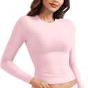 YEOREO Long Sleeve Shirts for Women y2k Tops Double Lined Basic Tee Crew Neck Going Out Sweeney Workout Undershirt (X-Small, Sakura Pink)