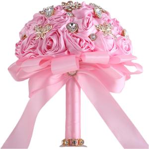 6.3" Pink Bridal Wedding Bouquet Round Bling Brooch Bouquet Throw Toss Artificial Rose Flower Bunch for Bride Bridesmaid Wedding Quinceanera