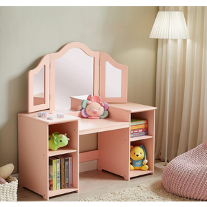 Kovhzcu Kids Vanity, 2 in 1 Princess Makeup Vanity Storage Cabinet with Detachable Top, Girls Vanity Set with Tri-fold Mirror, Kids Vanity Set with Mirror Age 3-9 (Pink)