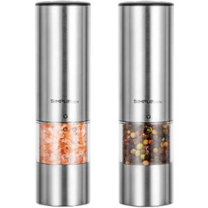 SIMPLETASTE Electric Salt and Pepper Grinder Set, Automatic One Handed,Stainless Grinders with Lights and Adjustable Coarseness,Battery Operated (Set of two, Silver)