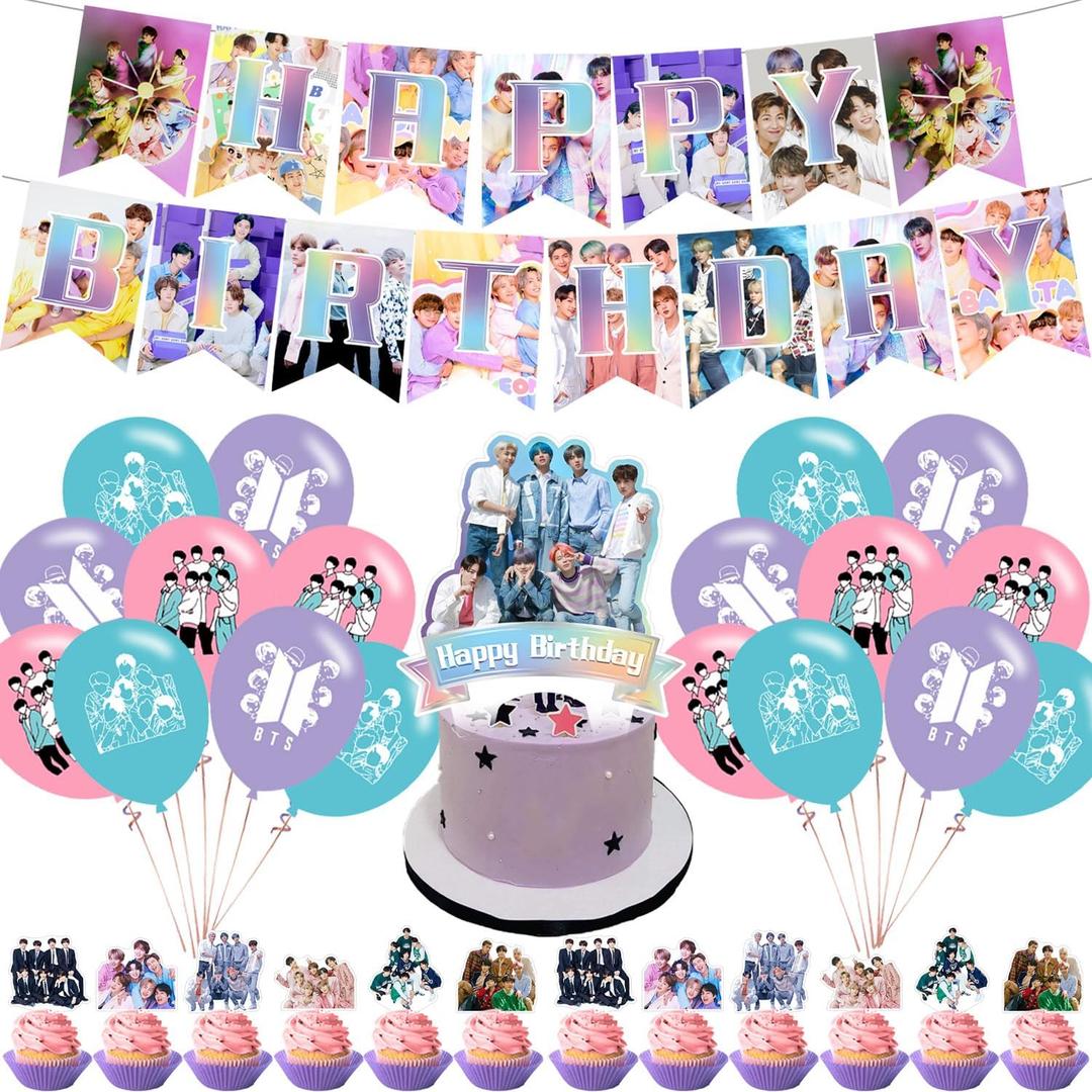 Bangtan Boys Party Supplies ,BTSS Birthday Party Decoration Kpop Includes Cake Toppers,Cupcake Toppers, Balloons,Banner Party Supplies Decoration For Adults Boys Girls