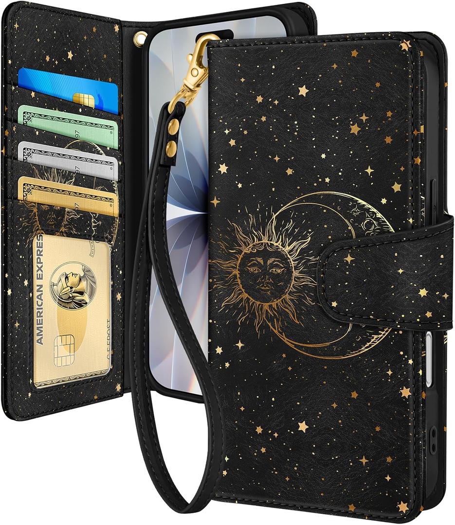 Toycamp for iPhone 17 Wallet Case with Wrist Strap - Leather Flip Folio Phone Case with RFID Blocking 4 Card Holder for Apple for iPhone 17 Funda Cute Aesthetic for Women Ladies, Sun and Moon