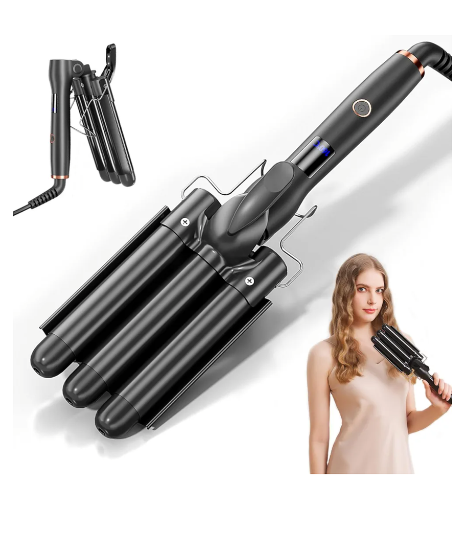 Hair Waver, 3 Barrel Curling Iron Wand 25mm Crimper Temperature Adjustable Heat Up Quickly Beach Waves Curling Iron Black