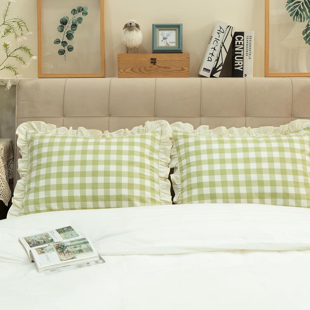 Pillow Shams Set of 2 Yarn-Dyed Pure Cotton Retro Ruffle Flounces Trim Green Check Decorative Pillow Cases for Home Bedroom Decor Standard 20x26 Inch