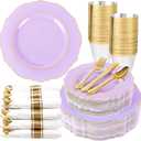 Liacere 175PCS Purple Plastic Plates-Disposable Lavender Plates 25guest Baroque Plastic Dinnerware include 50Plates, 25Pack Pre Rolled Napkins with Silverware 25Cups for Party & Wedding &Mothers Day