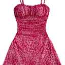 Verdusa Women's Leopard Print Y2K Mini Dress Fitted Spaghetti Strap Mesh Slip Dress Pink Medium