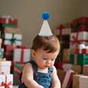 Birthday Party Hat with Number 6 month, Beige with Blue Pom Pom and Trim