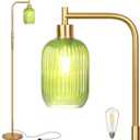 Glass Floor Lamp for Living Room, Dimmer Standing Lamp with Green Ribbed Lampshade,66 Tall Lamp & Gold Floor Lamp for Bedroom Study Room,Brushed Gold (Green)