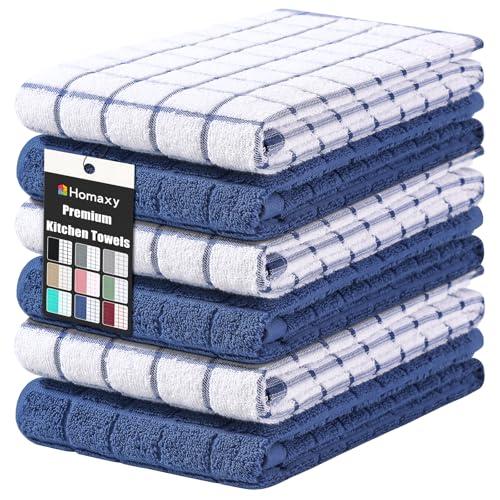 Homaxy Premium Cotton Kitchen Towels 16"x 28", Large Natural Ring Spun 390 GSM Dish Towels, Super Absorbent Terry Kitchen Hand Towels, Soft Tea Towels with Hanging Loop, Navy Blue Check Design, 6 Pack