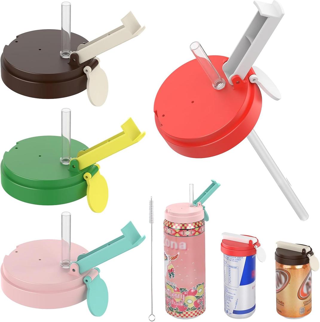 4 Pack Soda Can Lids with Straw, 4 Color Can Covers for Soda with Reusable BPA-Free, Can Lid Built w/ 3 Sizes Fits for S/M/L Sizes, Can Lids Soda w/Straw Brush Cans for Seltzer, Beer, Juice, Seltzer