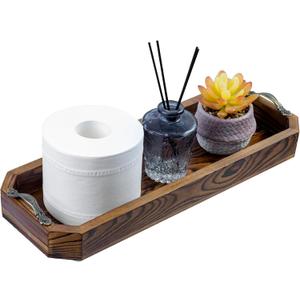MyGift Wooden Vanity Tray, Rustic Burnt Solid Wood Toilet Tank Tray - Decorative Octagonal Cosmetic Organizer with Antique Metal Handles