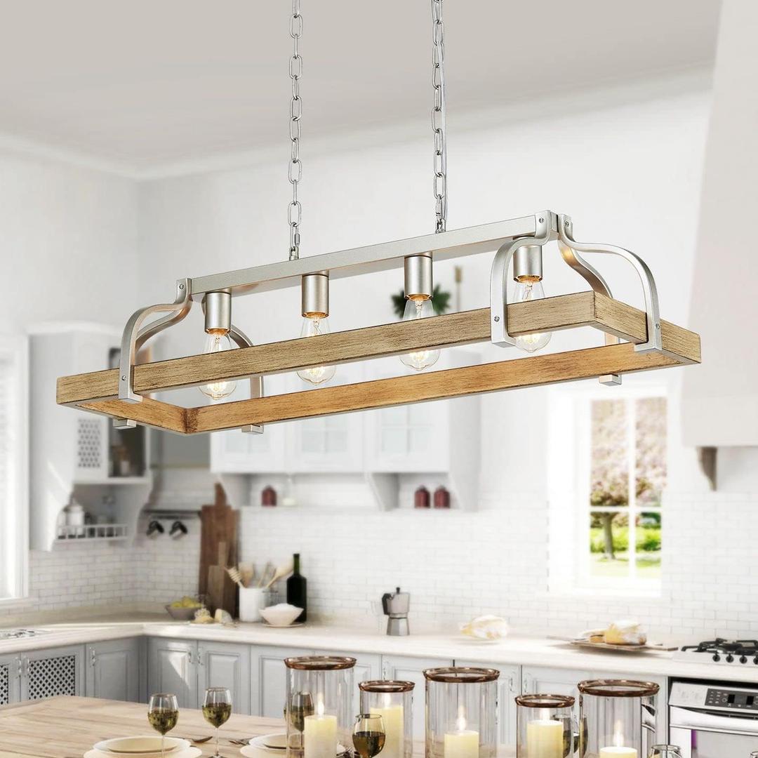 WUZUPS 4-Light Metal Pot Hanging Rack Chandelier Imitation Light Wood Grain Linear Pendant Ceiling Lighting Rustic Farmhouse Fixture Kitchen Island Dining Room, H 9.8" L 34.6" W11.8, E26 Base, Nickel (Imitation Light Wood Grain, Nickel, 4 Lights)
