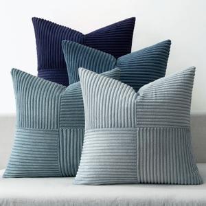 MIULEE Dusty Blue Navy Farmhouse Throw Pillow Covers 18x18 Inch Set of 4 Boho Patchwork Gradient Cushion Cases Western Modern Pillow Cases Corduroy Home Decor for Couch Sofa Living Room Bed