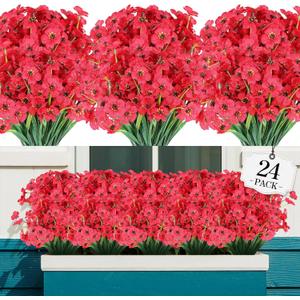 AGIRL 24 Bundles Artificial Flowers for Outdoor,No Fade Fake Plastic Flowers Faux Plants for Decoration Hanging Planters Indoor Outside Garden Porch Window Box Home Wedding Farmhouse (Red)