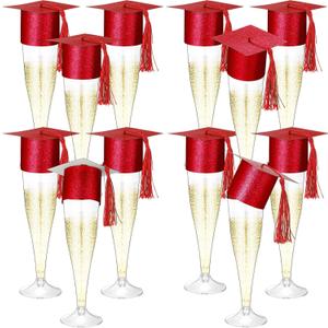 Funnymoom 12 Pack 2026 Graduation Disposable Champagne Flutes Set 4.5 oz Plastic Grad Glasses and Mini Graduation Caps with Tassels for Cocktail Toasting Grad Party Favor (Red)