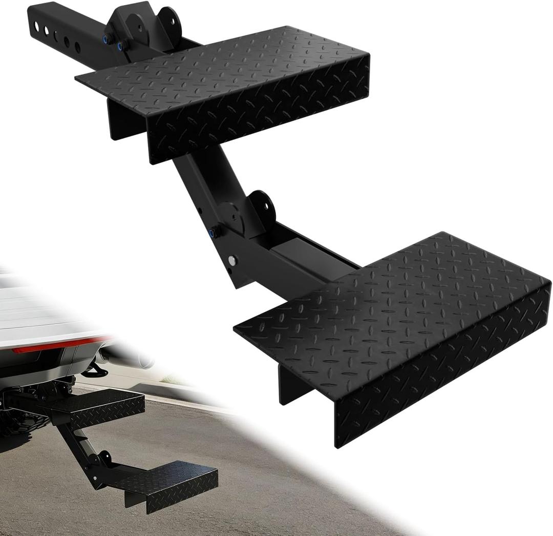 Hitch Step with Two Folding Steps for 2" Hitch Receiver, Folding Hitch Step for Pickup Truck SUV Camper Van Trailer, 12" W 4-Level Adjustable Height Bumper Step Heavy Duty Folding Hitch Step