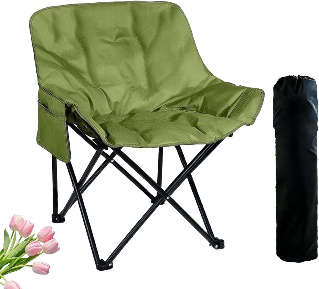 AXIONA ELEMENTS Outdoor 3-Layer Padded Moon Chair, Thick Cotton Cushion, 600D Oxford Fabric, Portable Folding Camping Chair with Side Pocket, Supports up to 300 lbs, 26" x 15" x 15" (Green/Compact)