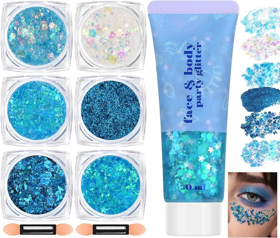 Blue Face and Body Hair Glitter Gel, Party Concerts Cheer Face Paint Holographic Chunky Festival Rave Accessories Glitter Makeup, 6 Kinds of Sparkling Sequins for Hair Nail Eye Lip Body