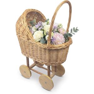 Large Wicker Carriage,Woven Rattan Stroller Shaped Flower Basket