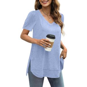 JomeDesign Summer Tops for Women Short Sleeve V Neck Shirts Side Split Loose Casual Tunic Tops (Small, Light Blue)