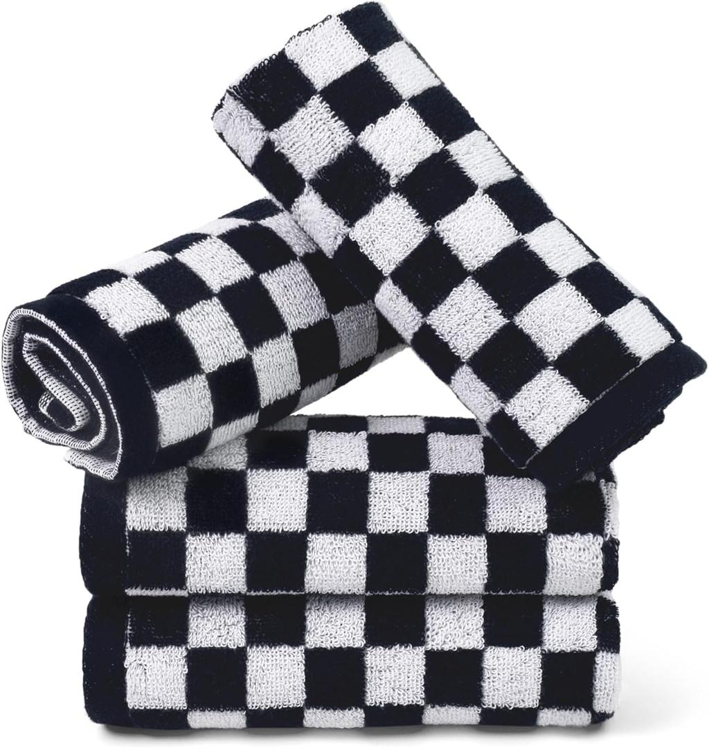 Jacquotha Wash Cloths Checkered 4 Pack (Black and White) - Cotton Washcloths for Face Body, 13 x 13 Inches Daily Cleansing Kitchen Towels