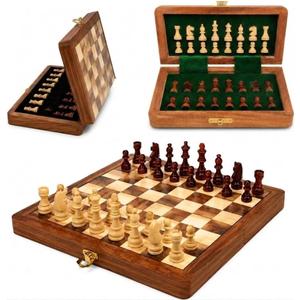 Crafted Chess Art- 7" Magnetic Wooden Chess Set for Adults & Kids with Handmade Pieces, Folding Portable Travel Unique Chess Set Game for Tournament Professional Beginner (Acacia & Maple Wood)