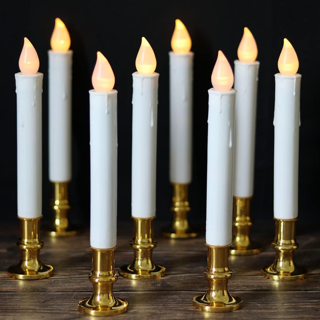 DRomance 9" Flameless Window Taper Candles Battery Operated with 8-Key Remote and Timer, 8 Pack White Christmas Holdiay Window Candles with Gold Holders, Suction Cups and AA Batteries Included