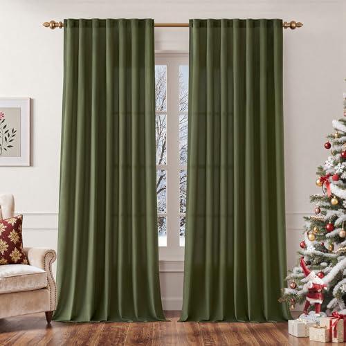 EMEMA Olive Green Privacy Sheer Curtains 96 Inches Long 2 Panels Set, Non-See-Through Light Filtering Semi Sheer Curtains for Bedroom Living Room, Window Drapes That Let Light in, 52x96 Inch
