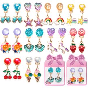Clip On Earrings for Girls, 10/12 Pairs Kids Clip On Earrings for Toddler Party Favor, Stick on Earring Jewelry Set for Little Girl Princess Play Ages 3-12