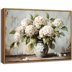 Framed Vintage Hydrangea Wall Art Rustic White Hydrangeas Prints Wall Decor Vintage Floral Bathroom Canvas Painting Farmhouse Flower Still Life Paintings Artwork for Bedroom Living Room 8x10 Inch 