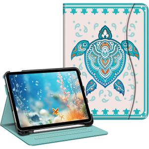 Fintie Case for iPad (A16) 11th Generation 11 Inch (2025), iPad 10th Generation 10.9 Inch (2022), Multi-Angle Viewing Protective Stand Cover with Pencil Holder & Pocket, Green Sea Turtle