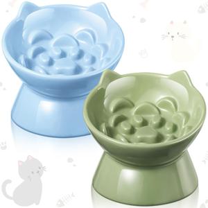 2 Pcs Ceramic Raised Slow Feeder Cat Bowl, 5.91inch Elevated Cat Slow Feeder Bowl Tilted Anti Vomiting for Dry Wet Food and Water Easy to Clean High Edge(Green, Blue)